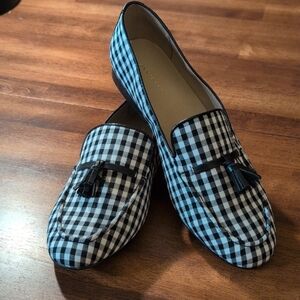 Ann Taylor Black and White Gingham Check Loafers with Tassel Detail